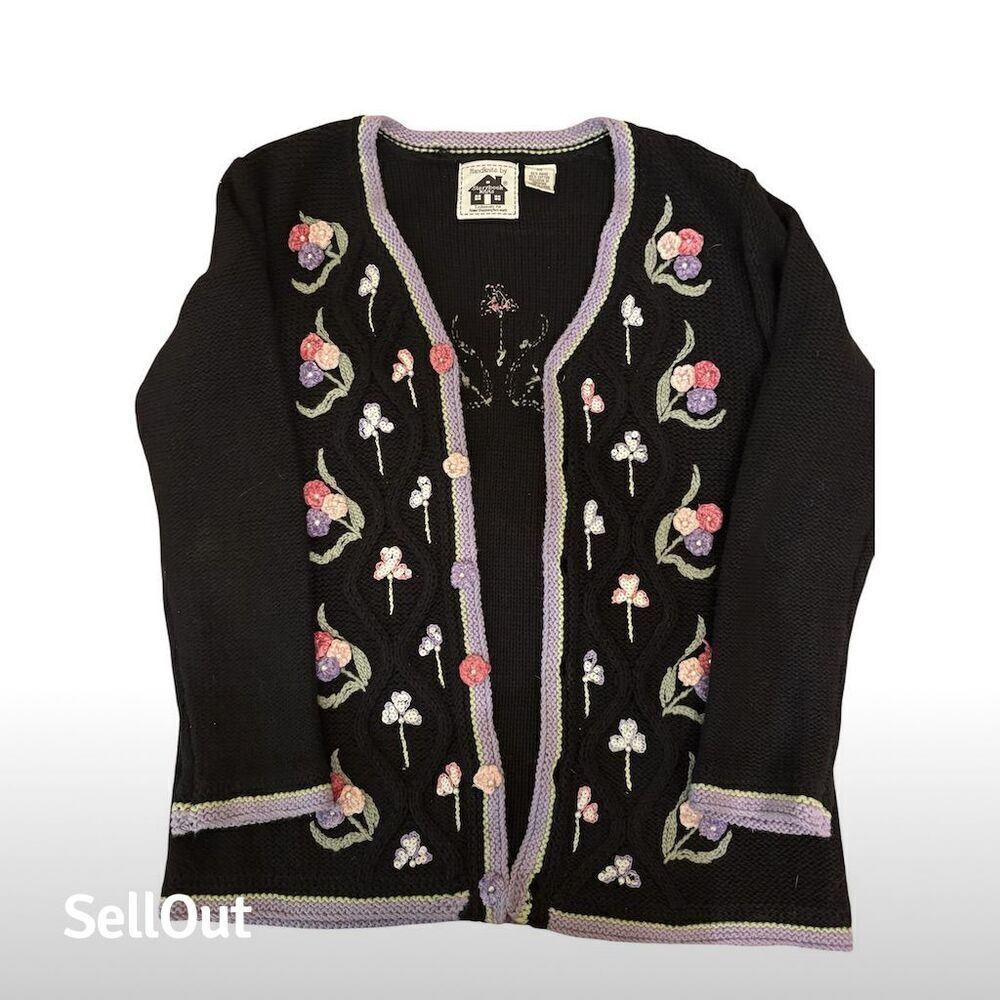 Storybook Knits Women's XS Floral Embroidered Cardigan Sweater 90s cottage core.